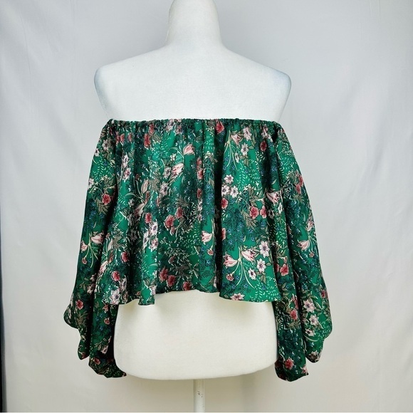 Missguided - Green Floral - Bell Sleeve- Off Shoulder Crop Top -Size 0 - Picture 4 of 8